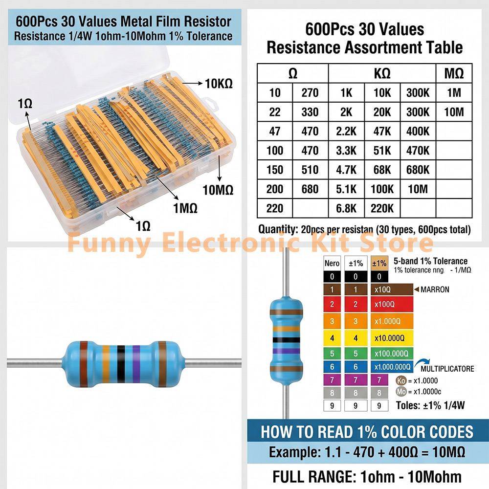 600 Pcs Assorted Metal Film Re - Resistor Kit 1 4W 评论和价格