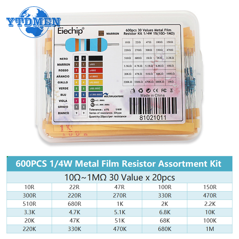 300-600PCS 1/4W Metal Film Res - Resistor Kit 1 4W 评论和价格